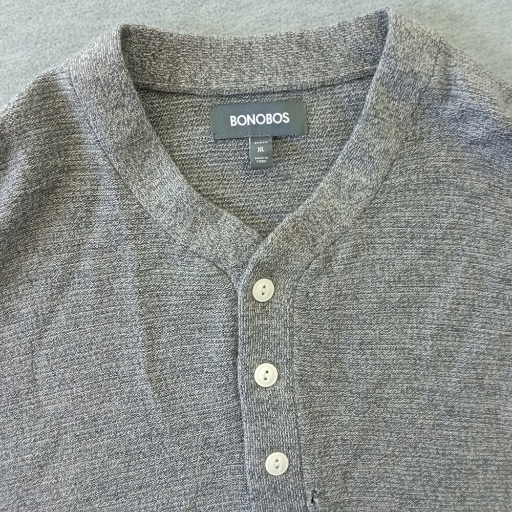 Bonobos Mens XL Slim Fit Henley Sweater Heather Grey Long Sleeve Button Knit